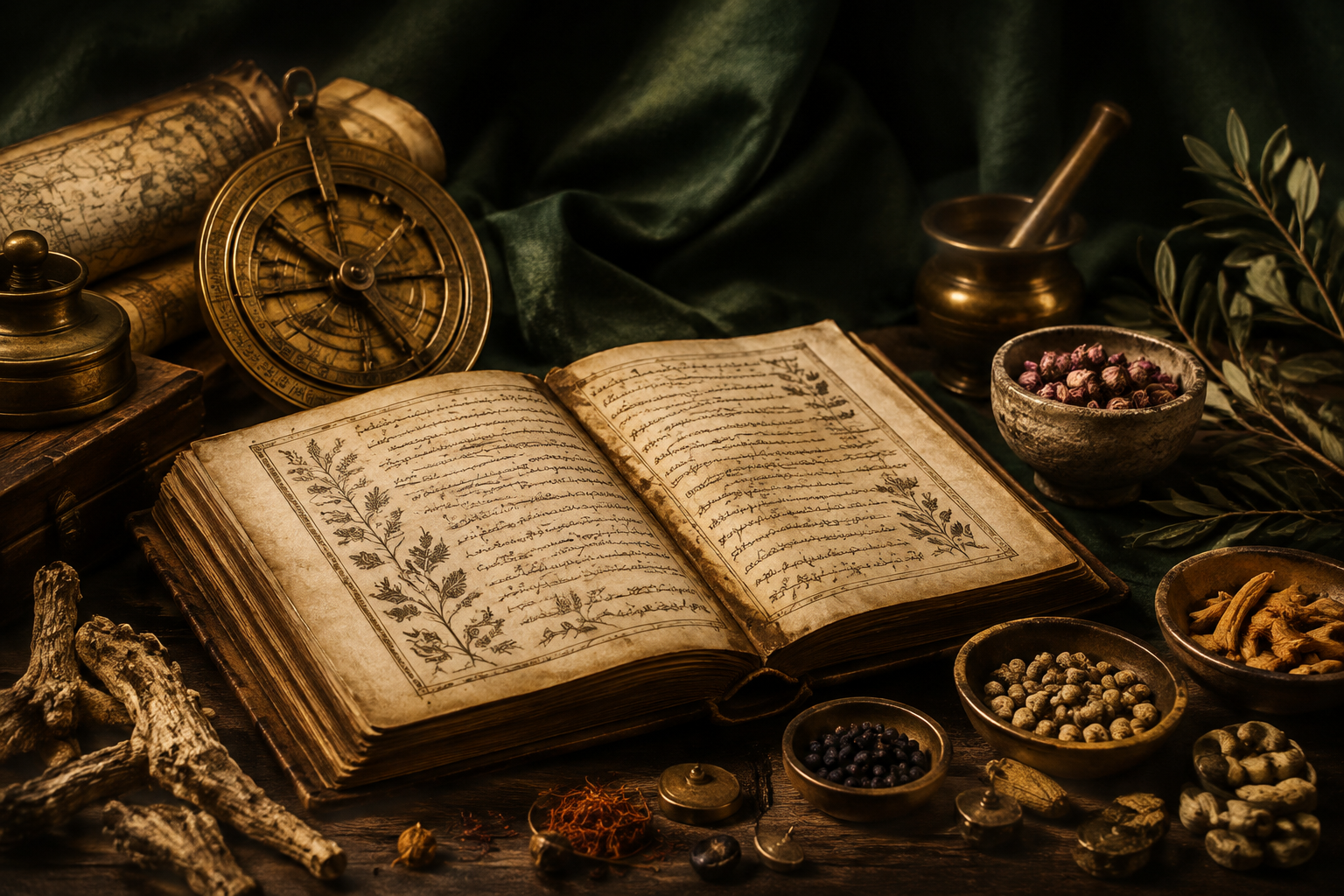 Historic Unani manuscript with botanicals and brass instruments