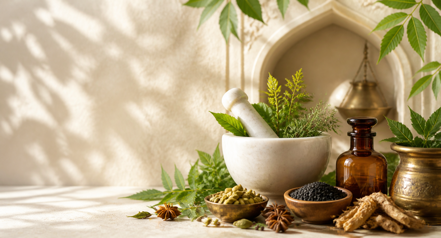 Traditional herbal ingredients with mortar, pestle, and amber bottle